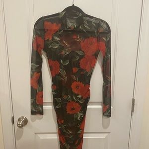 Black Floral Mesh Ruched Long Sleeve Midi Dress